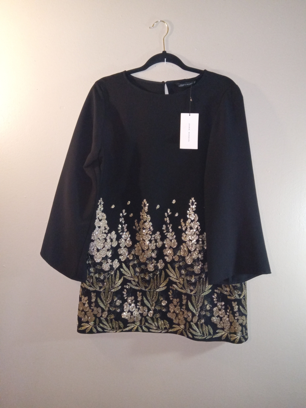 Zara Black Mini Dress with Gold Sequin Floral Detail